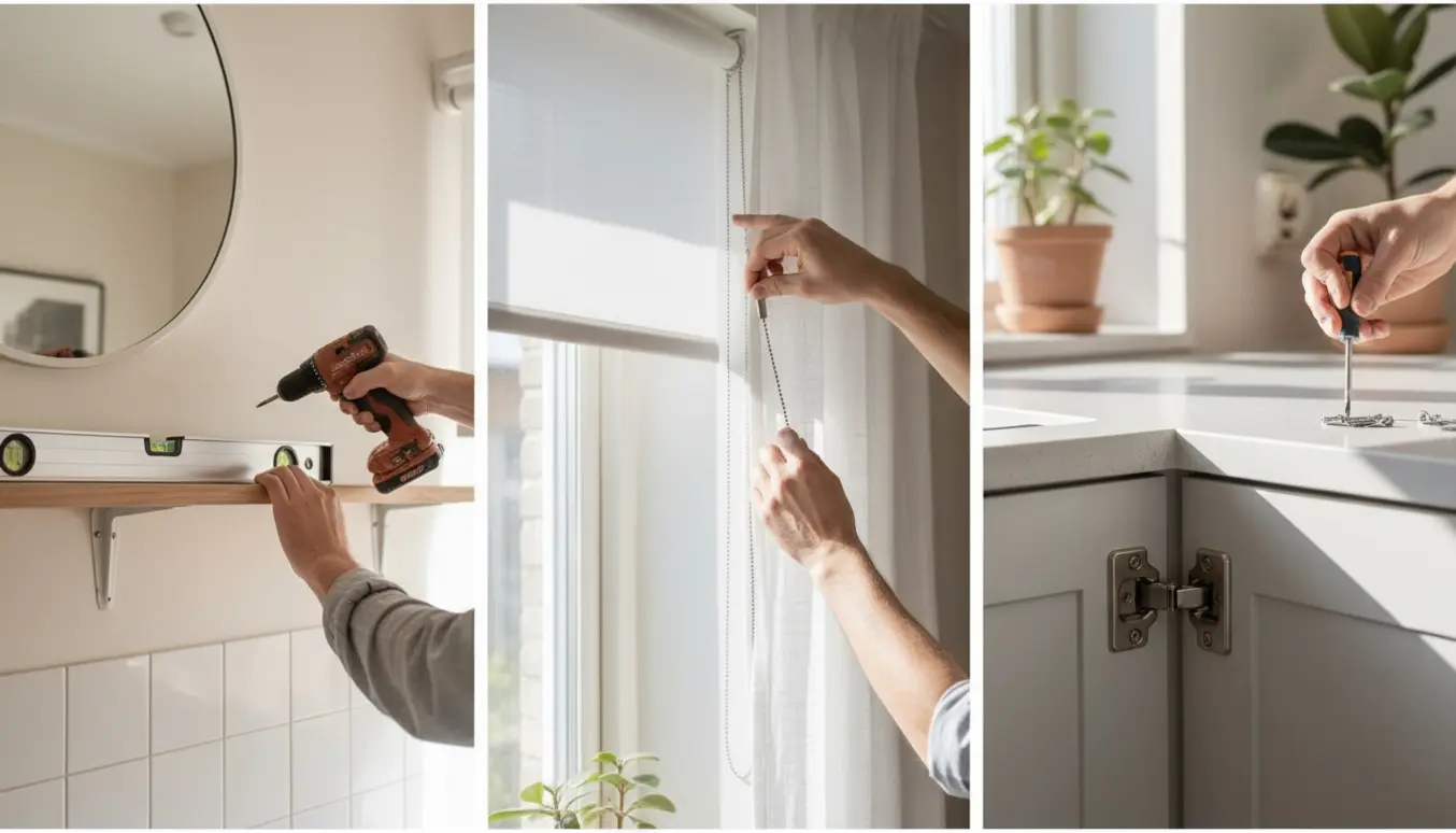 Hænder monterer hylde under spejl, genopsætter rullegardin og justerer skabslågens hængsel i et lyst, nordisk hjem.