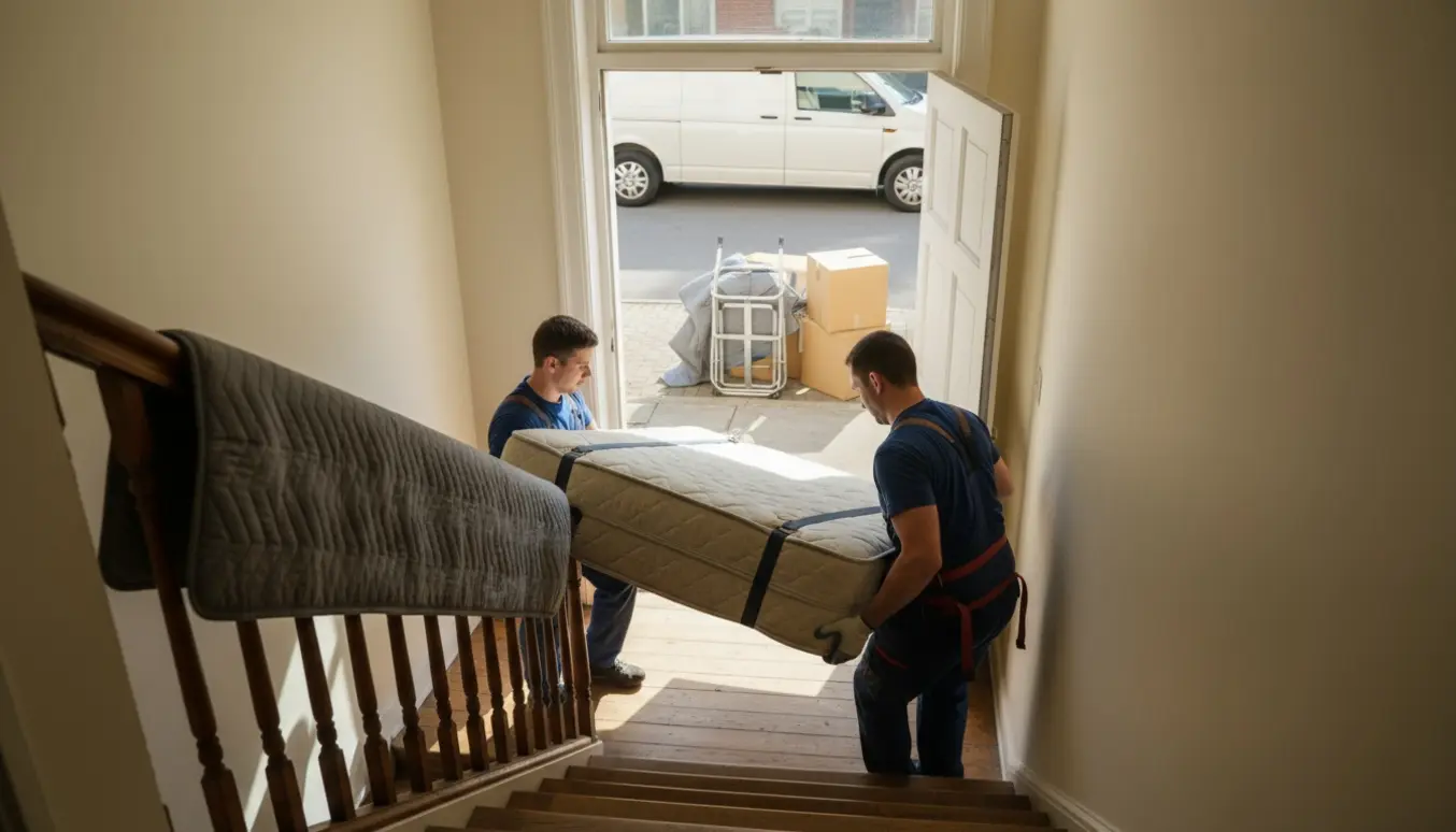 To personer bærer en boxmadras ned ad en trappe mod en åben flyttebil.