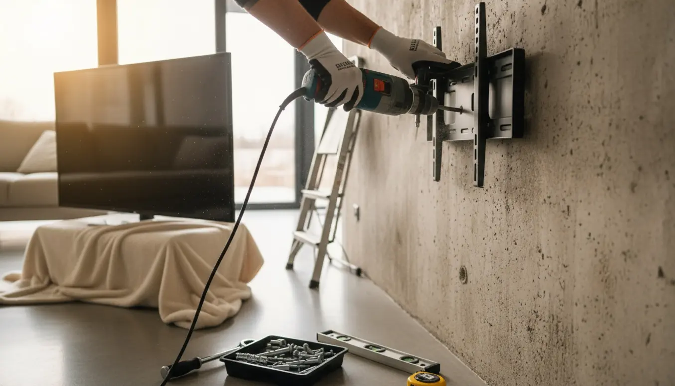 Hænder monterer et TV på en betonvæg med boremaskine og vægbeslag, uden synlige ansigter.