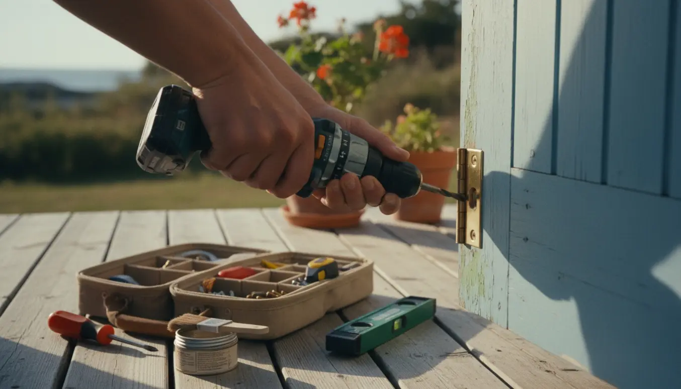Hænder bruger en boremaskine til at montere en dørhængsel på et soloplyst sommerhus med værktøjskasse på terrassen.