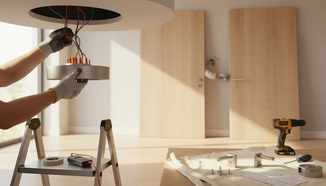 Elektriker monterer en loftslampe og forbereder to nye dørhåndtag i et lyst, moderne hjem.