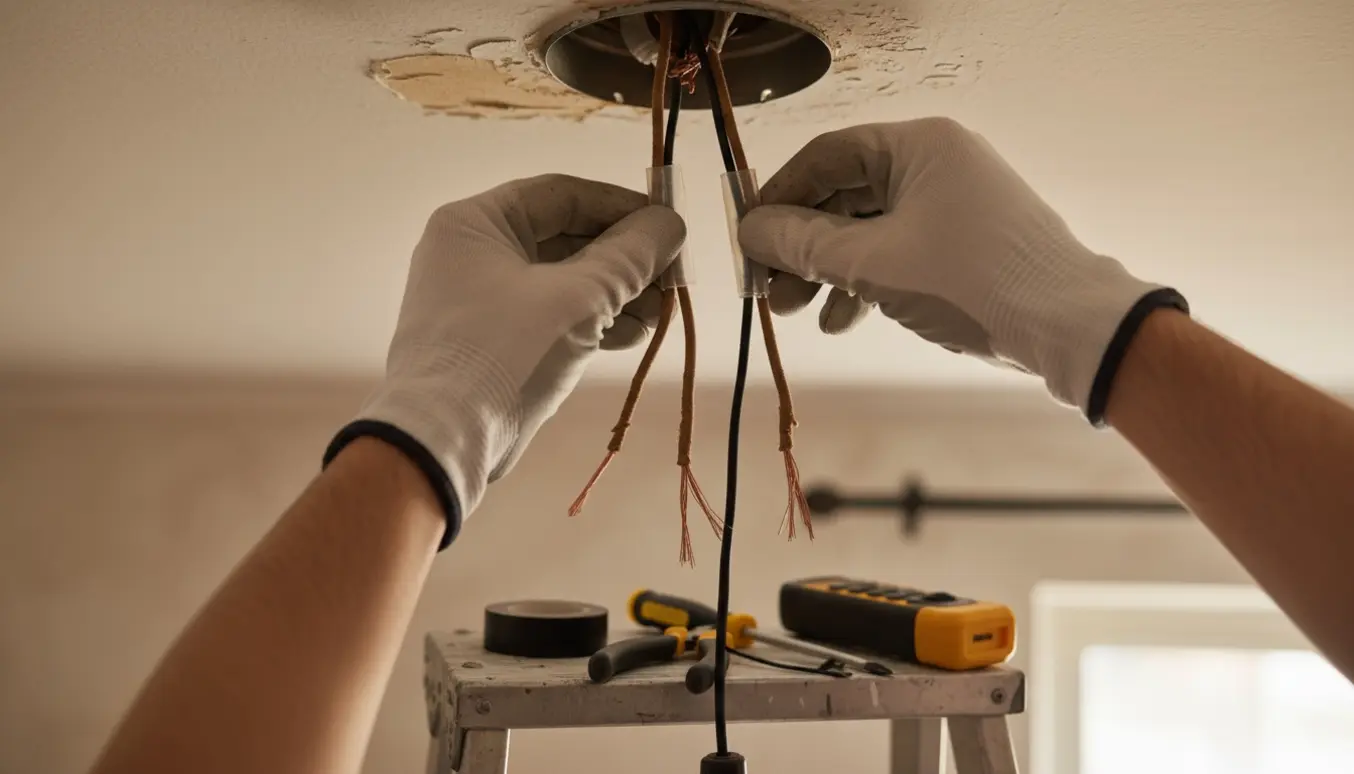 Hænder tilslutter en loftlampe med sorte ledninger til ældre ledninger i en samlemuffe.