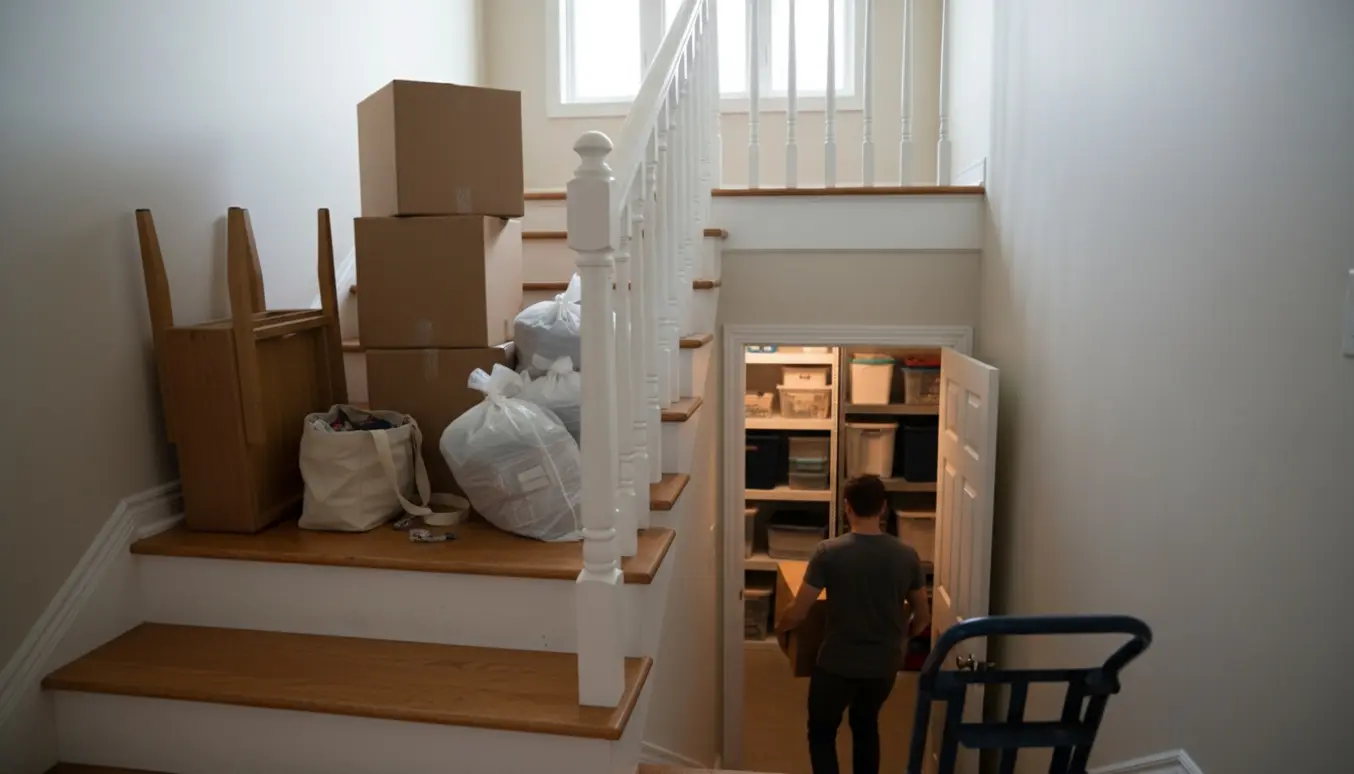 Flyttekasser, plastikposer og et bord bæres ned ad trappen mod et åbent kælderrum, set bagfra.
