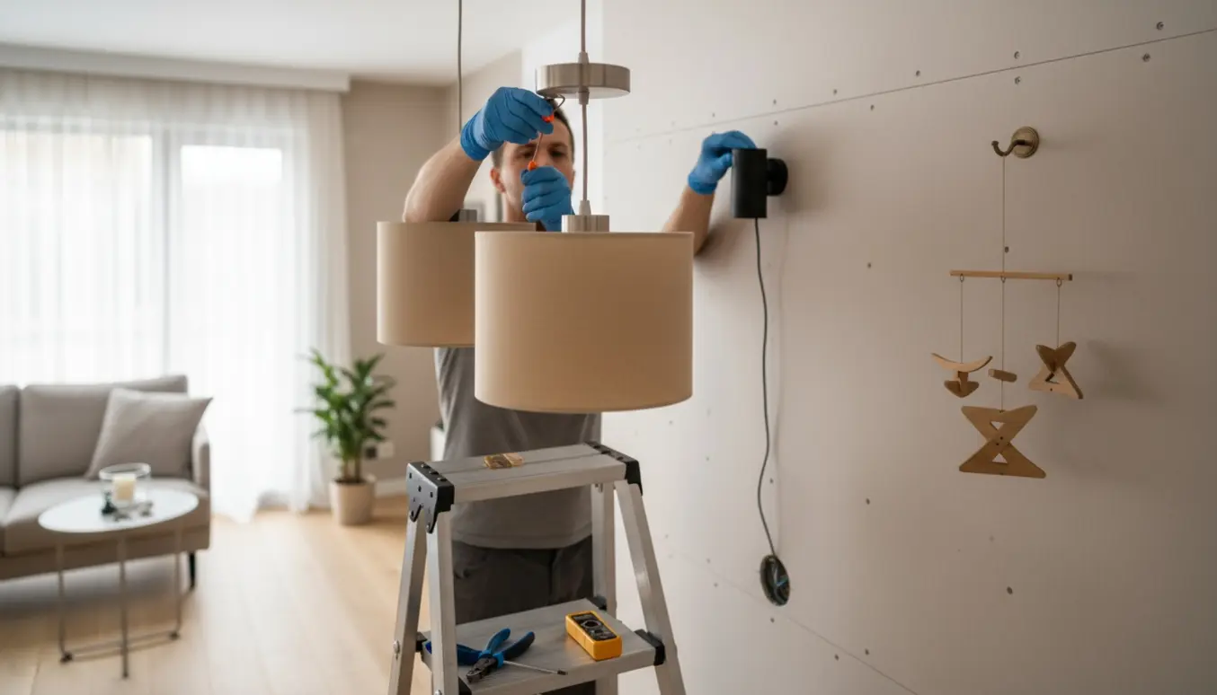 Hænder med isolerede handsker tilslutter to ophængslamper og hænger en lille uro op på en gipsvæg.