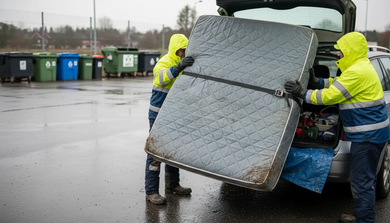 Våd madras løftes ind i bagagerummet på en stationcar ved genbrugspladsen, hænder med handsker spænder en strop.