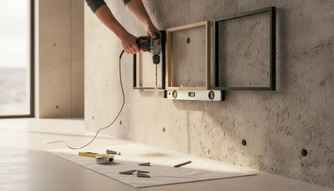 Nærbillede af tre billedrammer, der hænges op på en betonvæg med borehammer, rawlplugs og vaterpas.