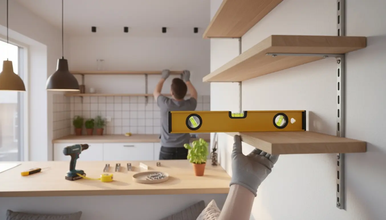 Hænder bruger vater og værktøj til at montere hylder i vater på en hvid væg i et skandinavisk køkken.