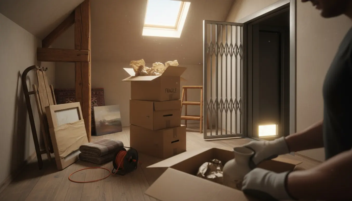 Et lille loftrum med pakkede flyttekasser, løse effekter og en åben vareelevator ned til gaden.