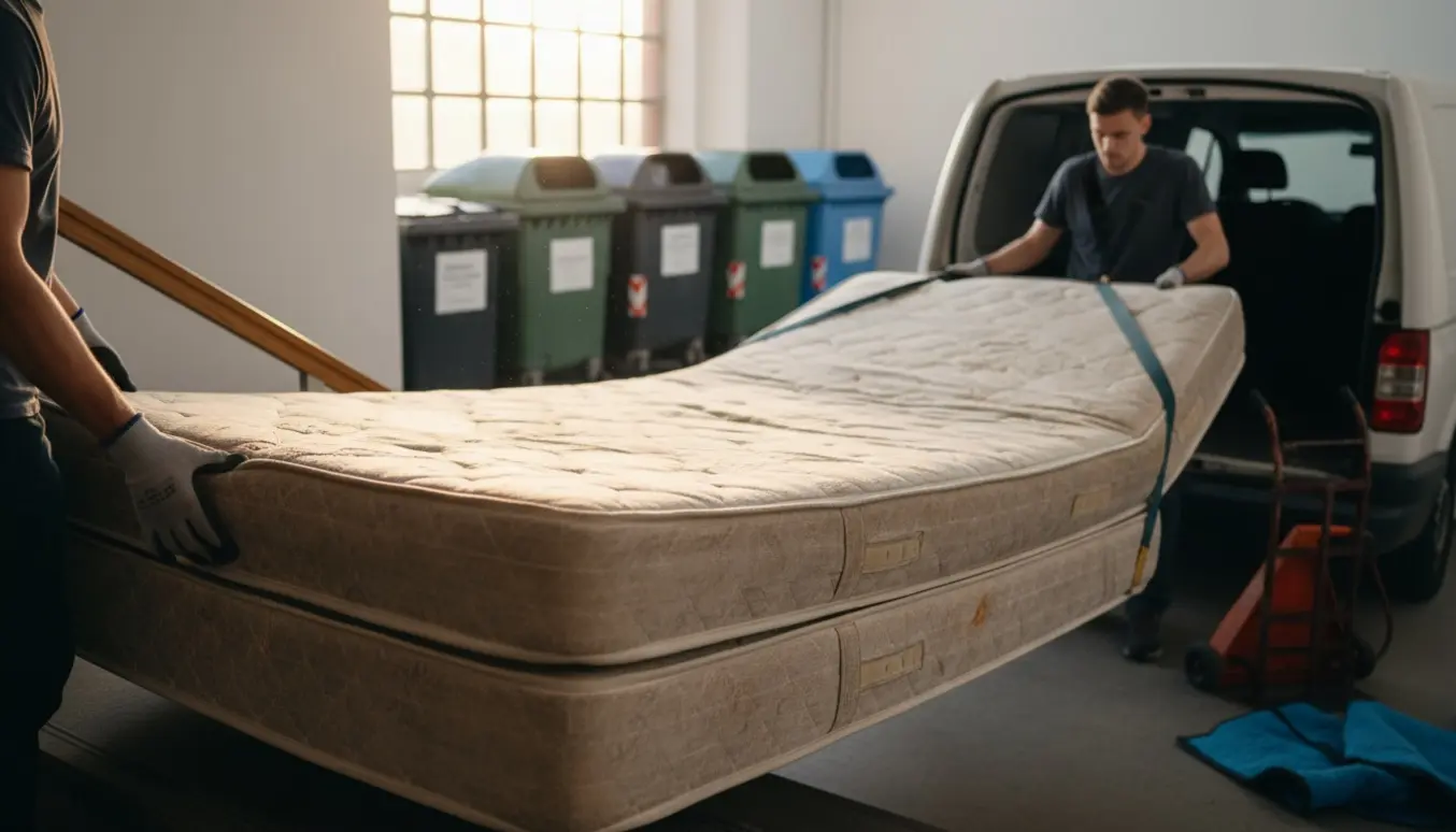 En gammel boksmadras bæres ned ad opgangen og læsses i en varevogn ved genbrugspladsen.