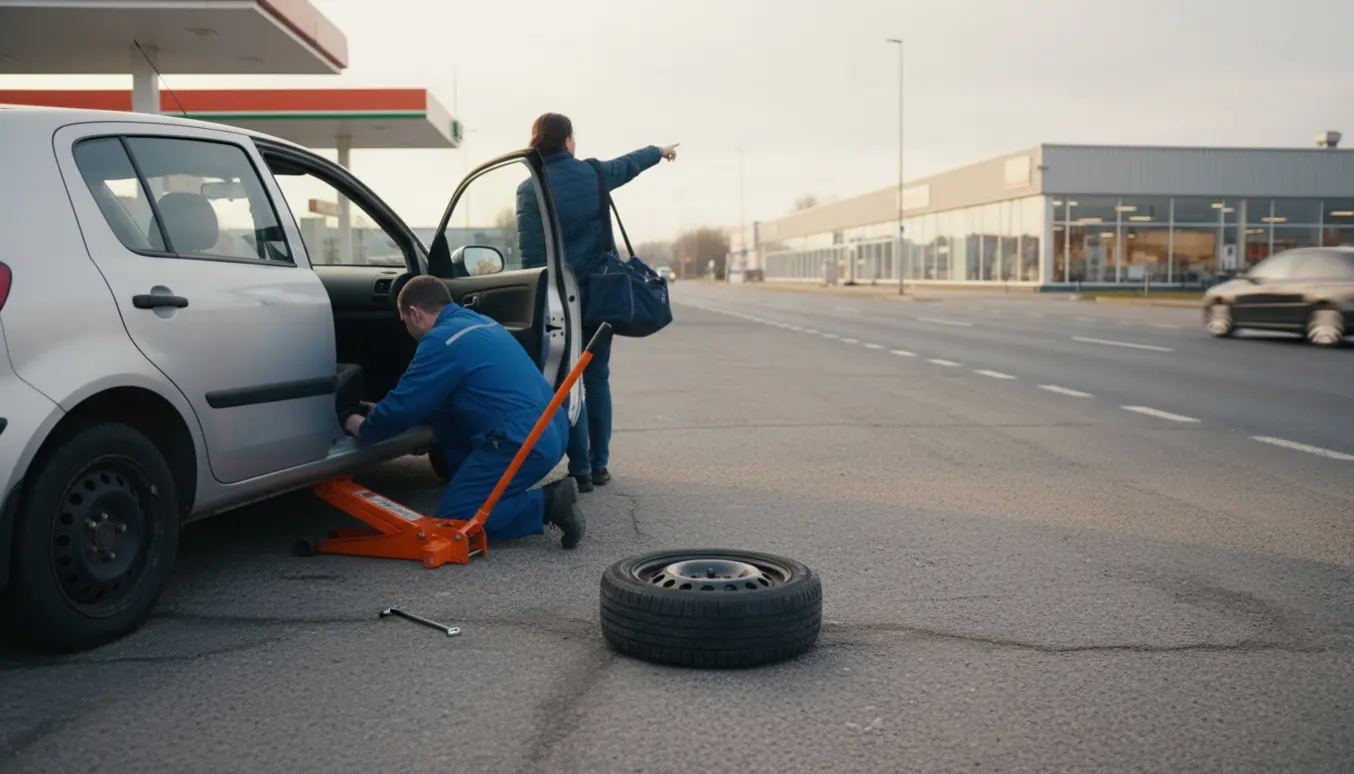 En bil med punkteret dæk ved vejkanten bliver skiftet med donkraft og reservedæk nær en benzinstation.