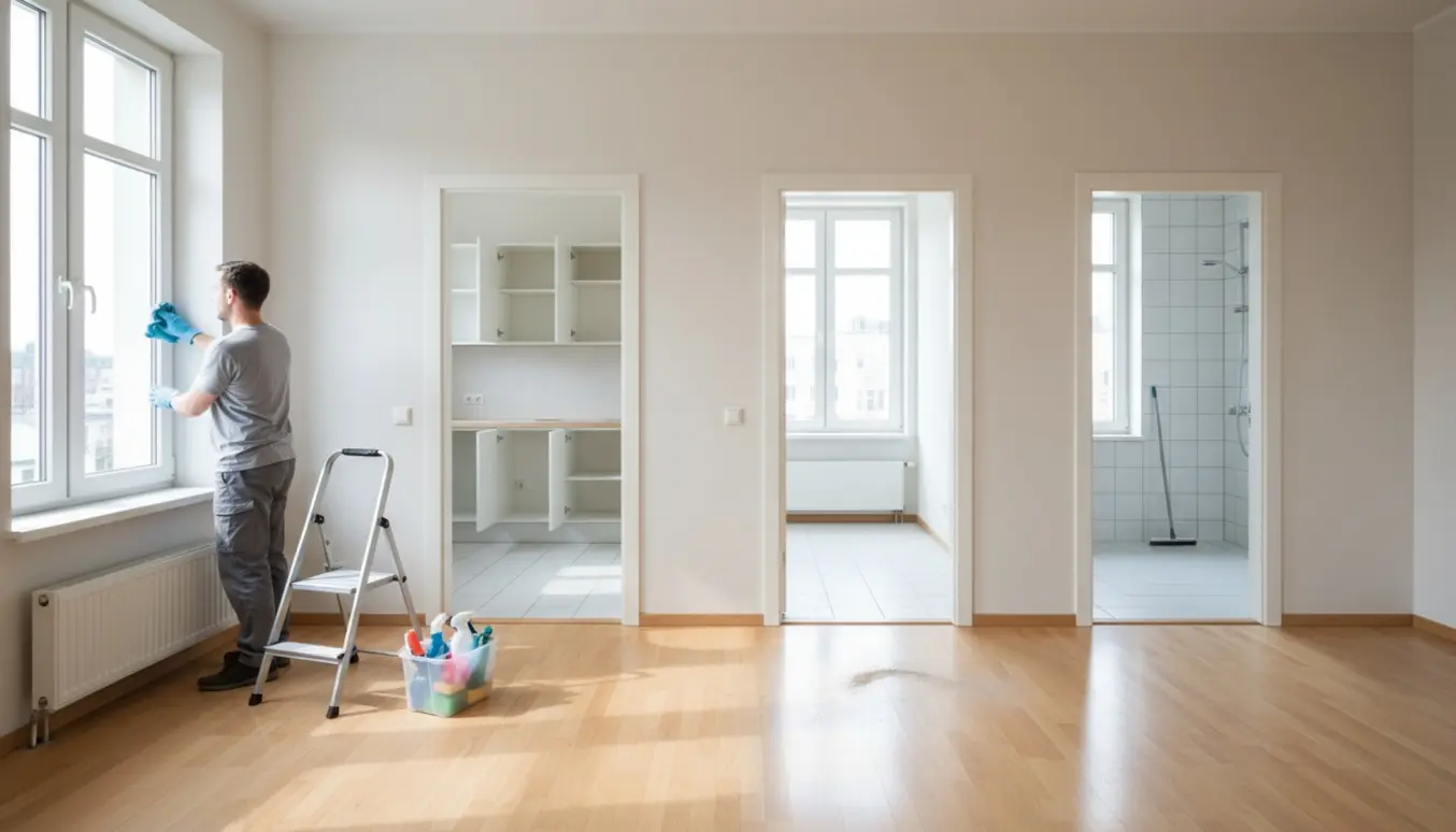 Rengøringsperson uden synligt ansigt tørrer vindueskarme i en tom lejlighed ved fraflytning.