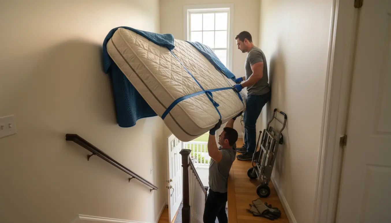 To stærke personer bærer en dobbeltsengsmadras op ad en trappe i en boligopgang.