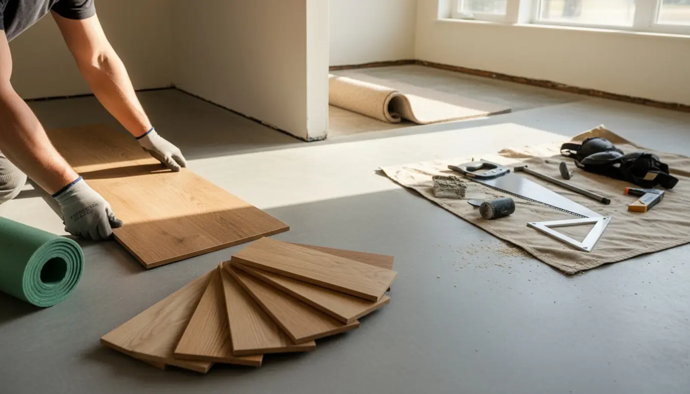 Nyt gulv lægges over beton med trægulvsprøver og et optrukket tæppe i et lille værelse.