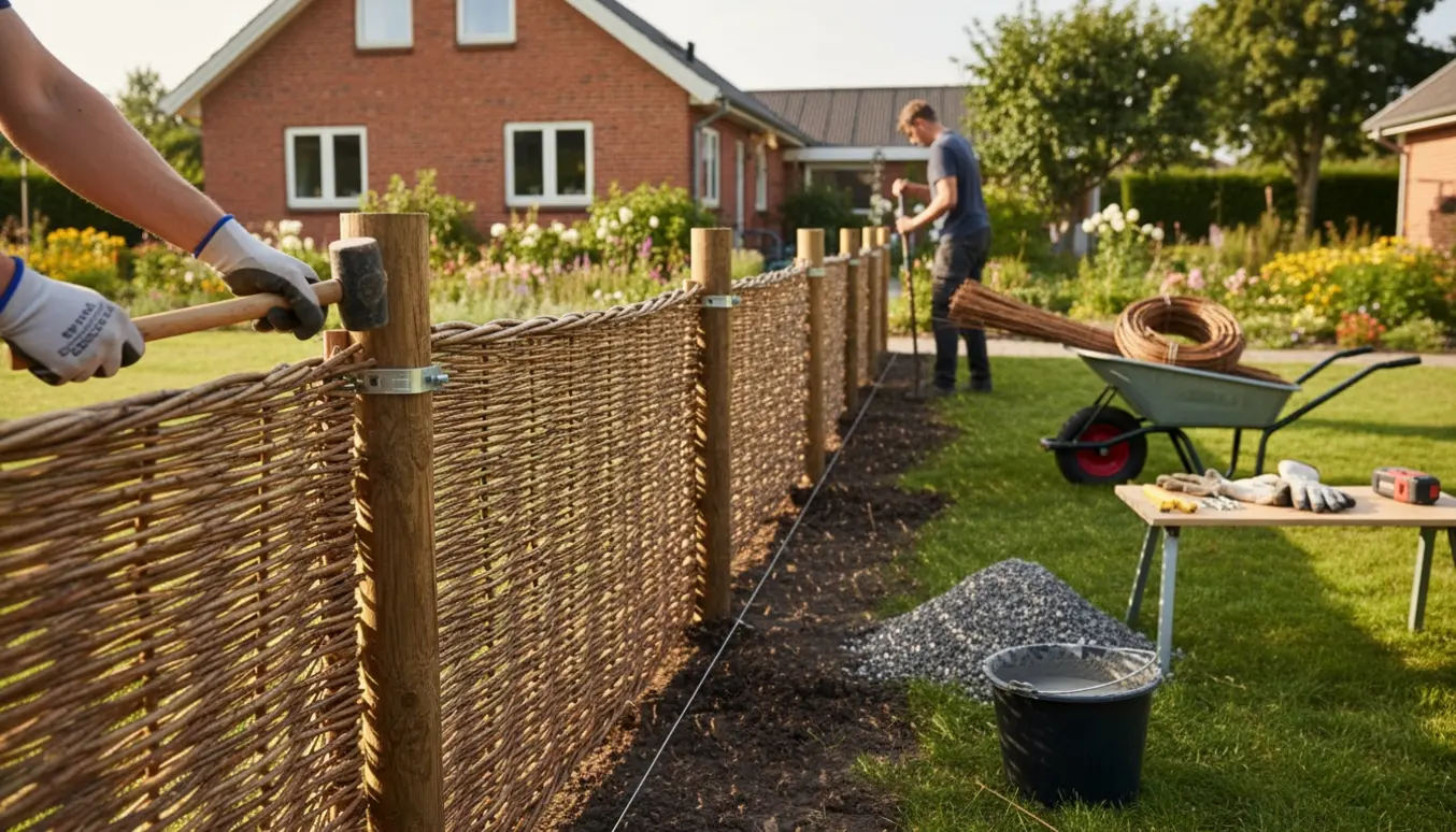 Nærbillede af opsætning af pileflet læhegn med stolper og værktøj i en solbelyst have.