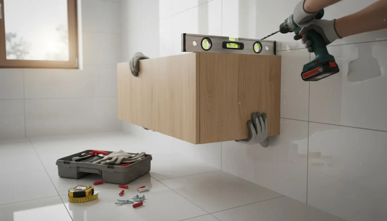 Hænder monterer et samlet badeværelsesskab på en flisevæg med boremaskine, vaterpas og værktøj.