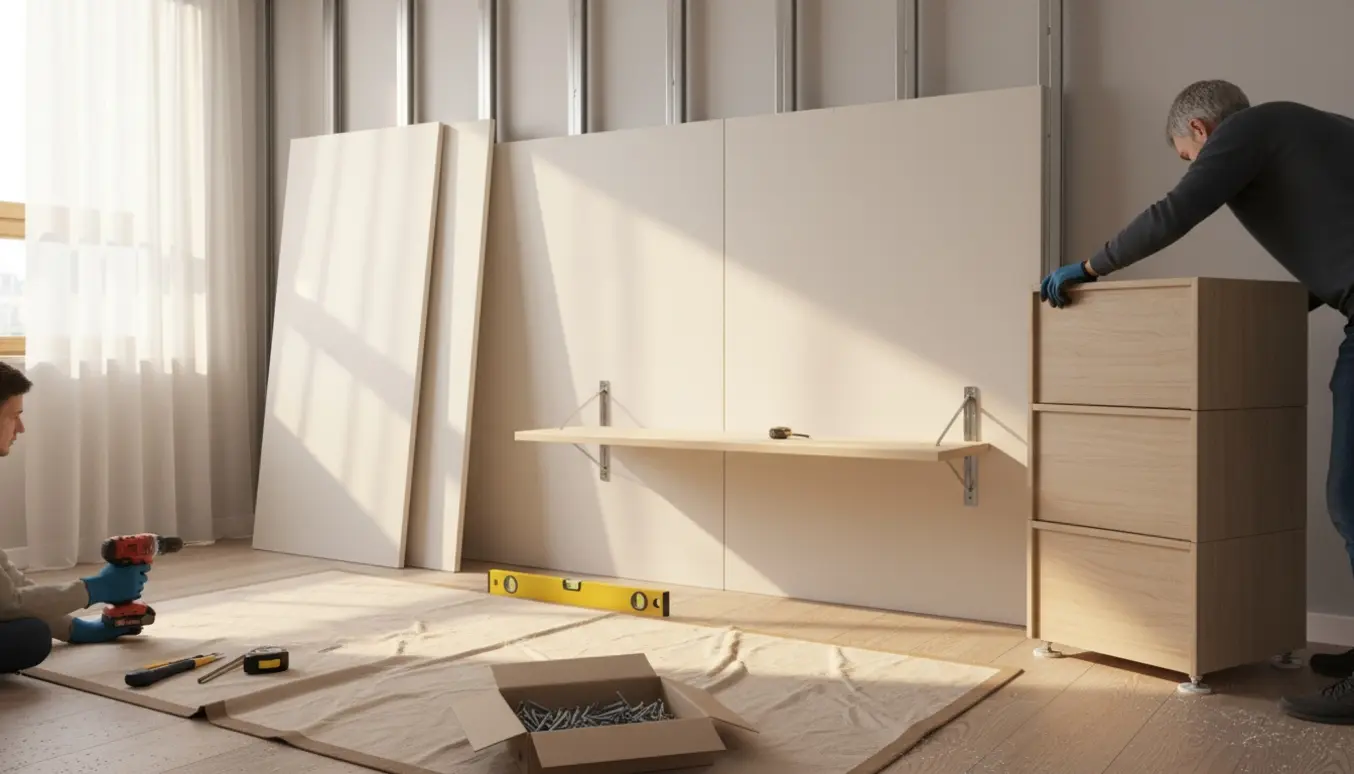 Delvist opført 1,6 m gipsvæg i et lyst værelse med tre flade skabspakker og værktøj til opsætning af hylder.