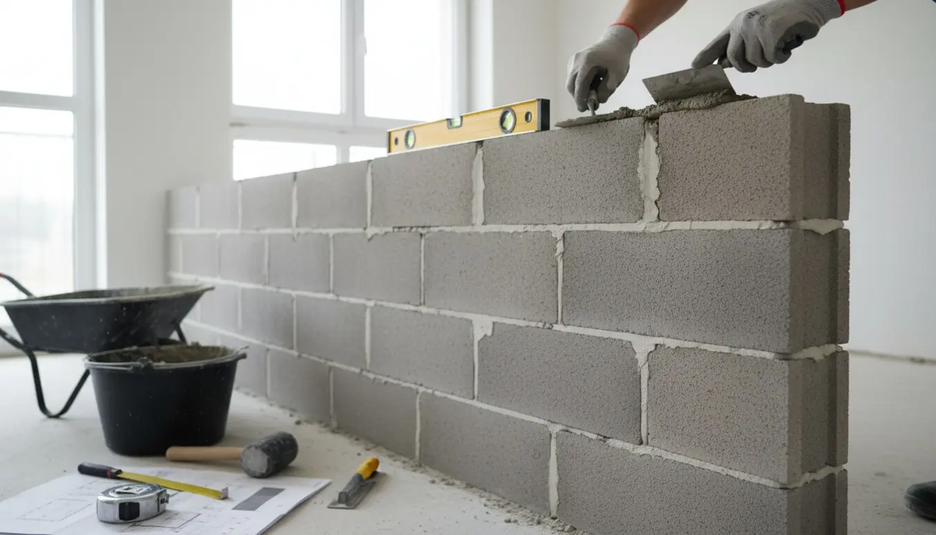 Halvfærdig væg af betonblokke under opbygning med murerværktøj i forgrunden.