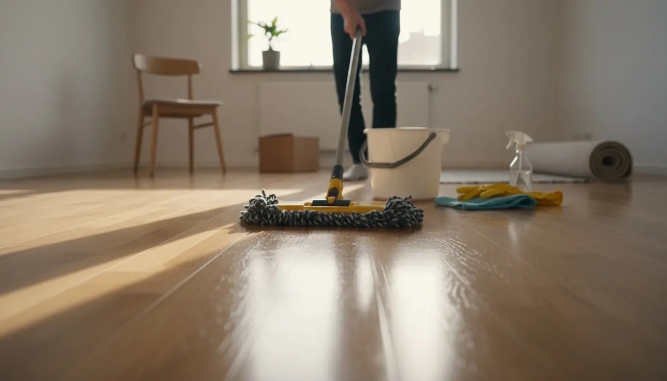 En person vasker et trægulv i en næsten tom lejlighed i blødt eftermiddagslys.