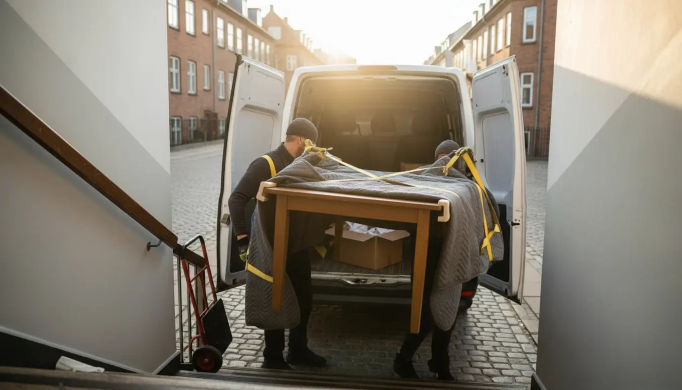 To personer bærer et bord ned ad en trappe mod en åben varevogn på en københavnsk gade.