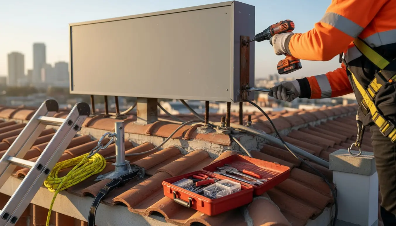 Tomt skilt afmonteres på et tag med værktøj og sikkerhedssele, uden klart synligt ansigt.