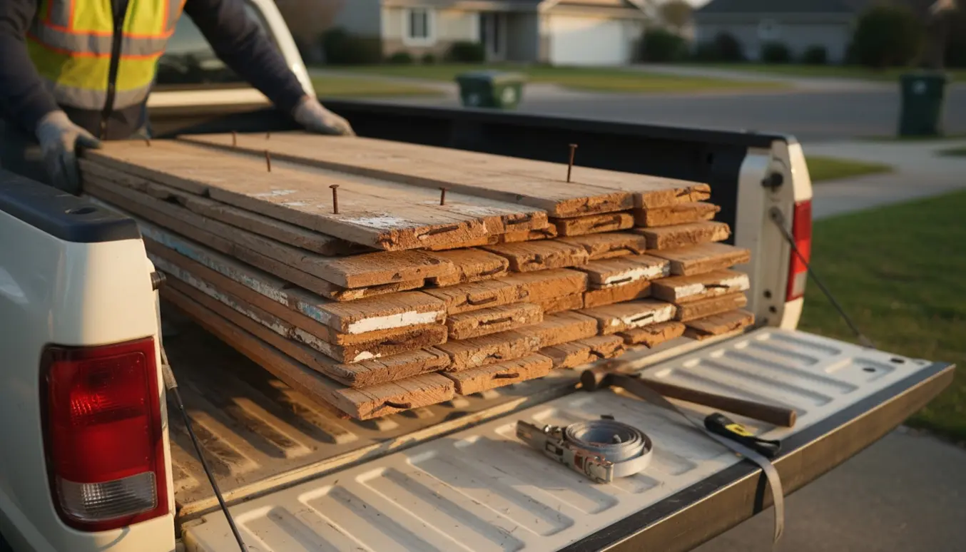 Gamle gulvbrædder med synlige søm bliver læsset i en varevogn klar til afhentning.