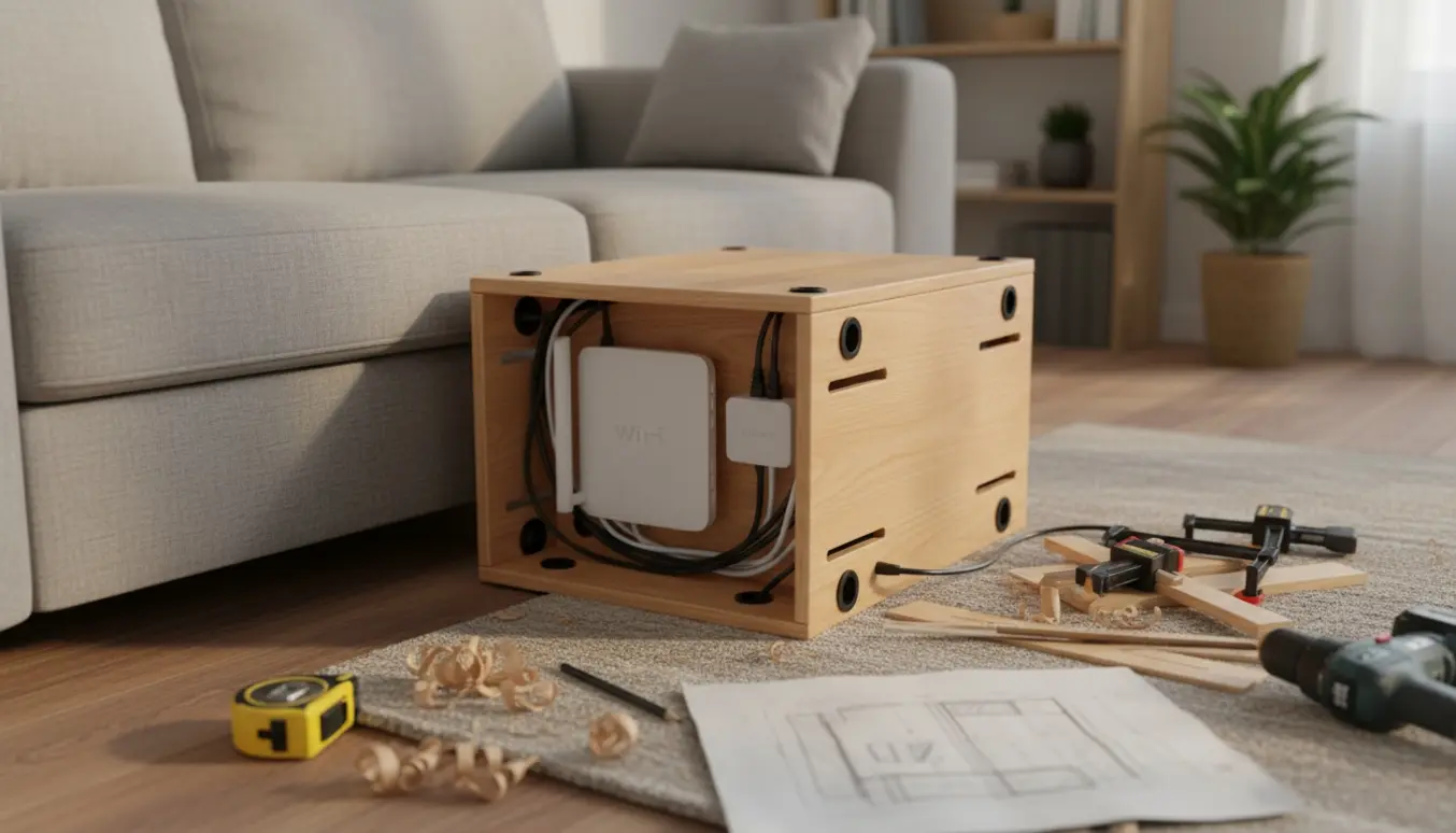 Specialbygget trækasse i stuehjørne med åben bagbeklædning, router og pænt skjulte kabler.