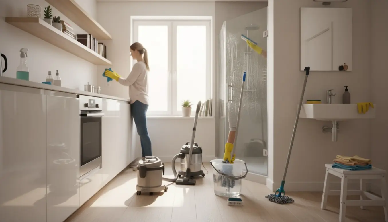 Rengøringshjælp i et lyst rækkehus: hænder pudser køkkenlåger og moppe bruges på gulvet, med støvsuger og badeværelse i baggrunden.