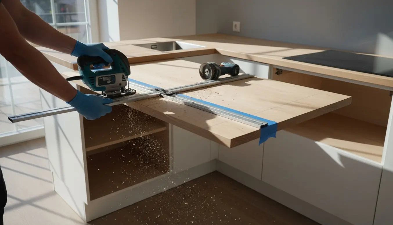 Håndværker tilpasser en køkkenbordplade med stiksav for at skære hul til kogeplade og vask i et moderne Ikea-køkken.