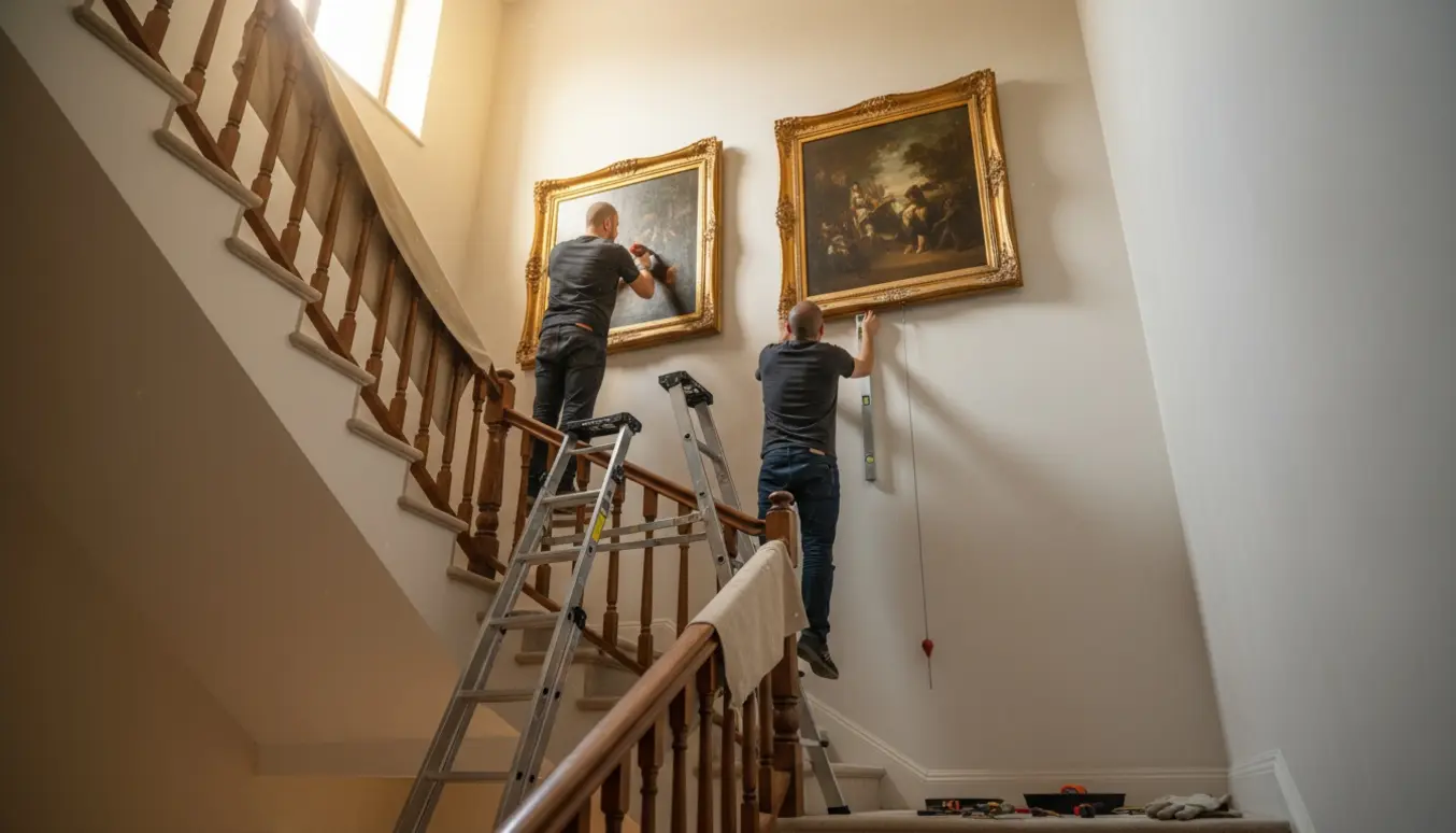 Malerier hænges op højt på væggen i en lys trappeopgang med værktøj og håndværkerens hænder i fokus.