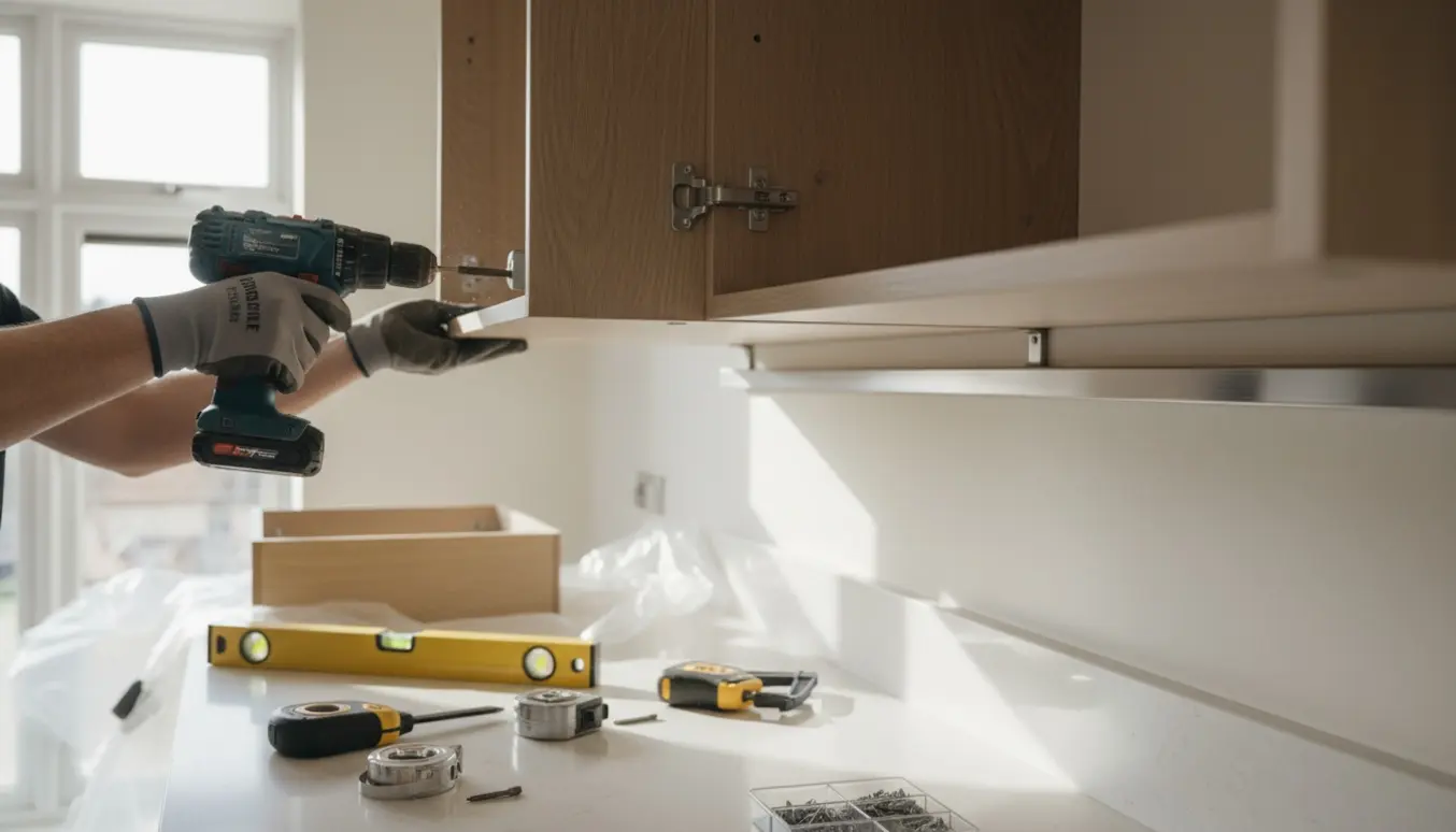 Montør hænger køkkenelementer op på en monteringsskinne i et lyst, moderne køkken med værktøj i forgrunden.
