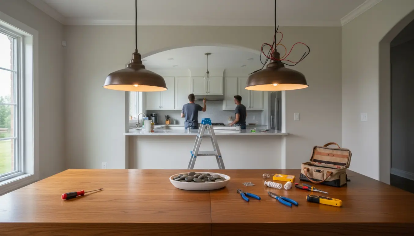 Hænder monterer to pendellamper over et træspisebord, mens en køkkenlampe repareres i baggrunden.