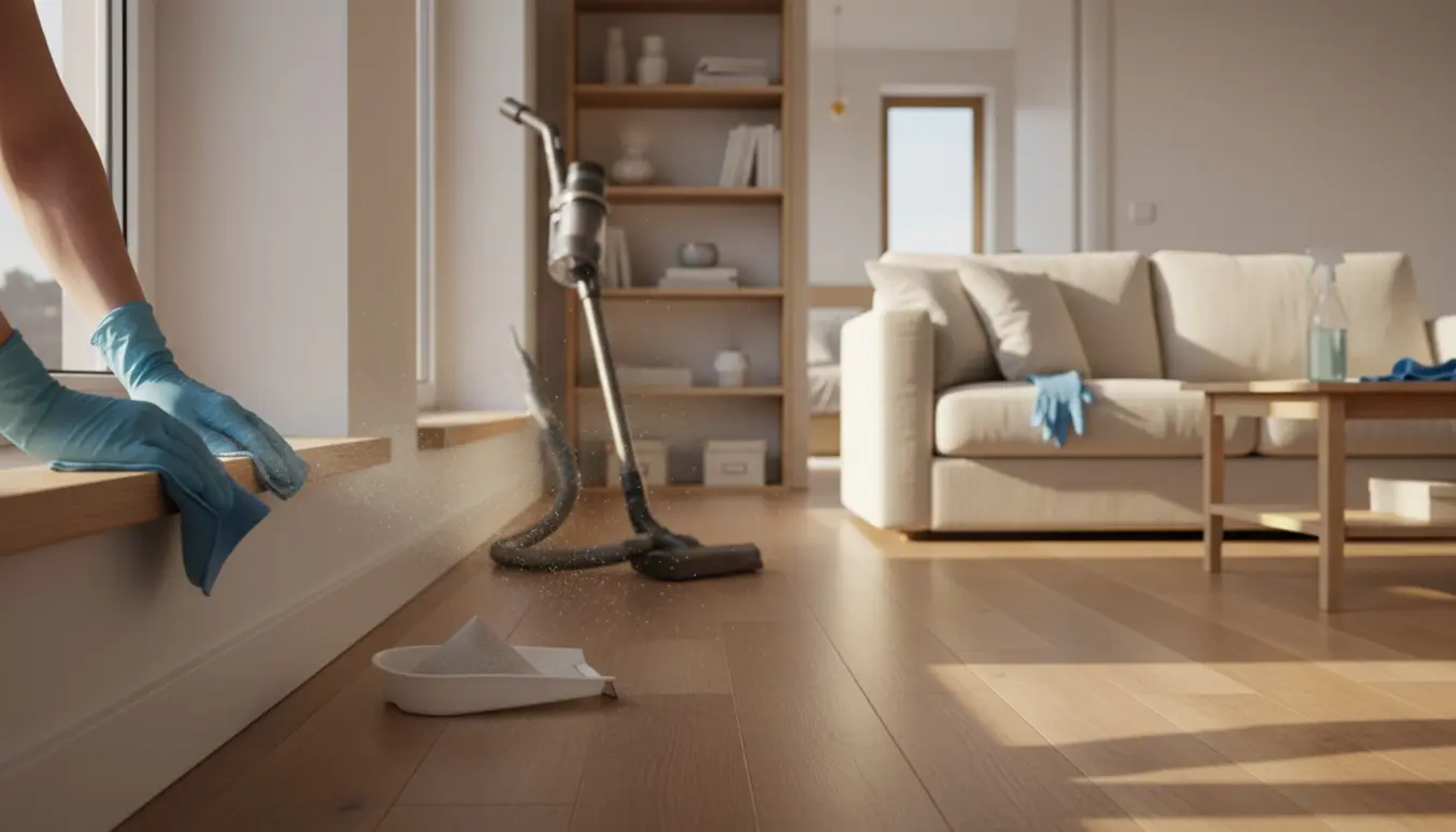 En hånd tørrer støv af en fodliste i en lys stue med støvsuger og åben gang til soveværelse.