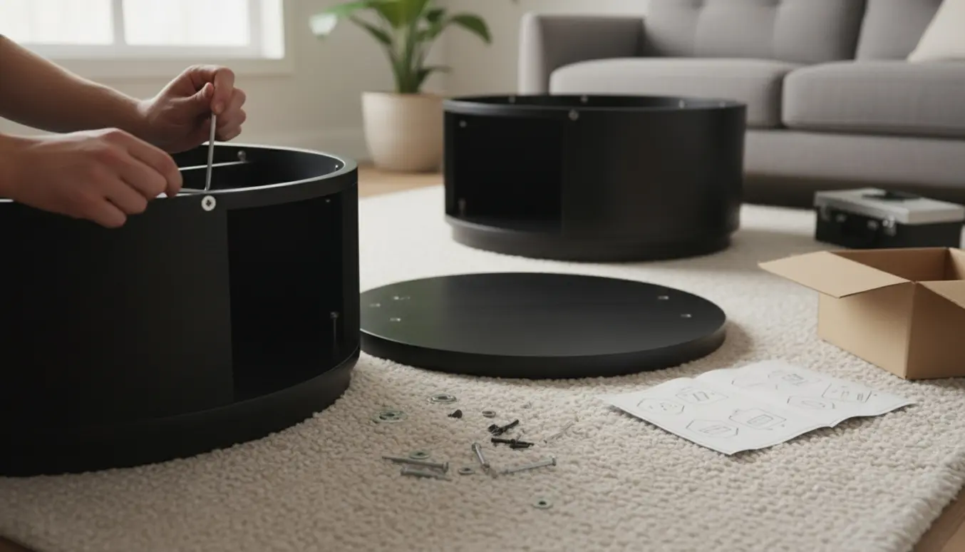 Nærbillede af samling af et sort sofabord på et tæppe med værktøj og dele i et lyst stueinteriør.