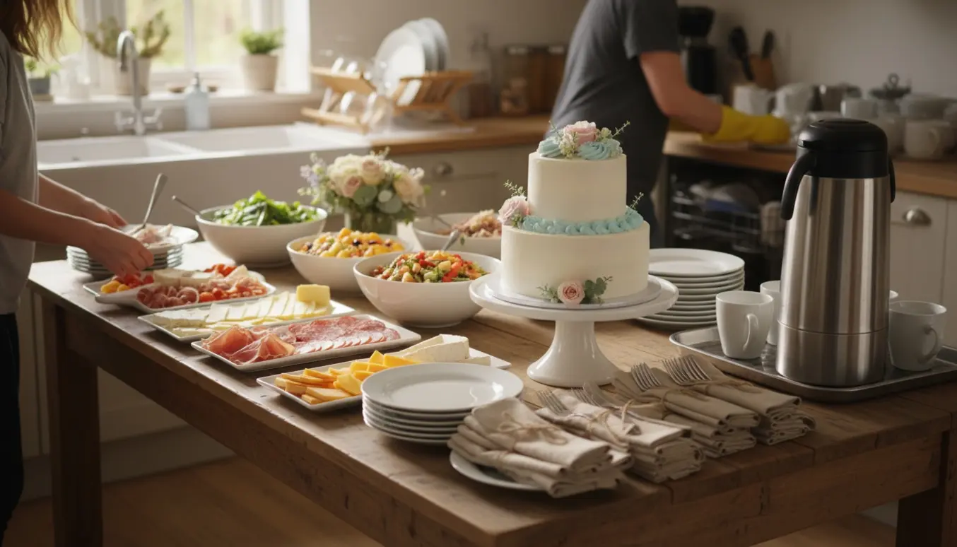 Buffet- og kaffebord i et køkken med frivillige, der dækker op og håndterer opvask efter en fødselsdag for cirka 25 personer.