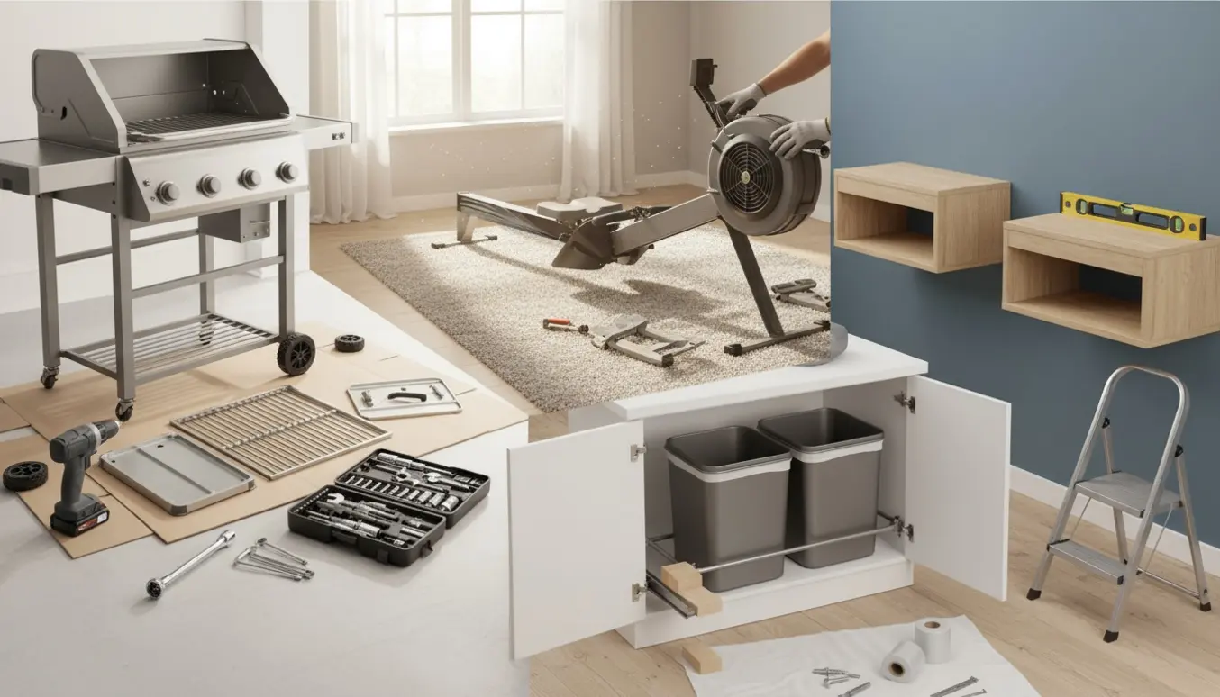 Soloplyst hjem med en halvt samlet grill på terrassen, en romaskine under montering, to ophængte natborde og et nyt skraldespandsæt under vasken.