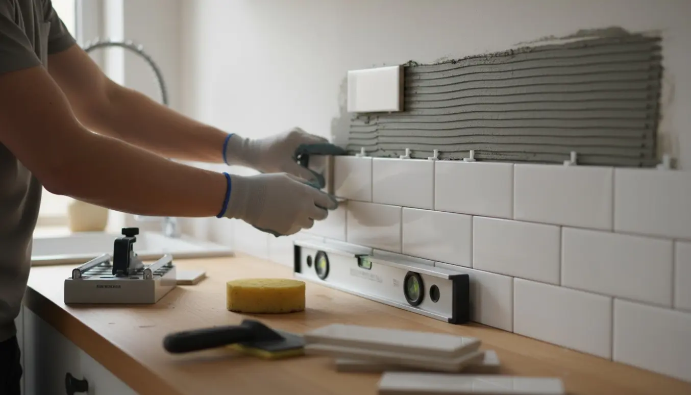 Nærbillede af opsætning af 200x50 mm fliser som køkkenbagtæppe med fliseklæb, flisekryds og værktøj.