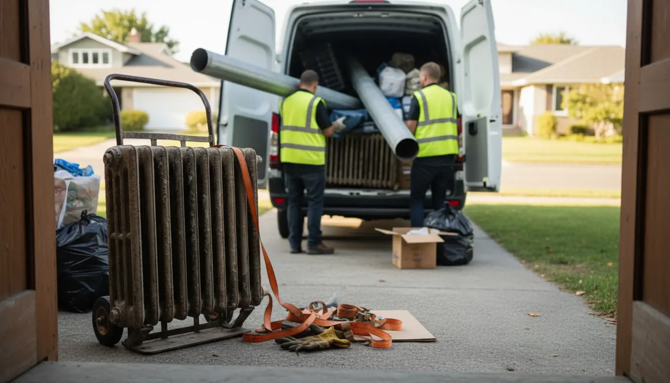 Arbejdere læsser gamle radiatorer, rør og affald i en varevogn på en indkørsel.