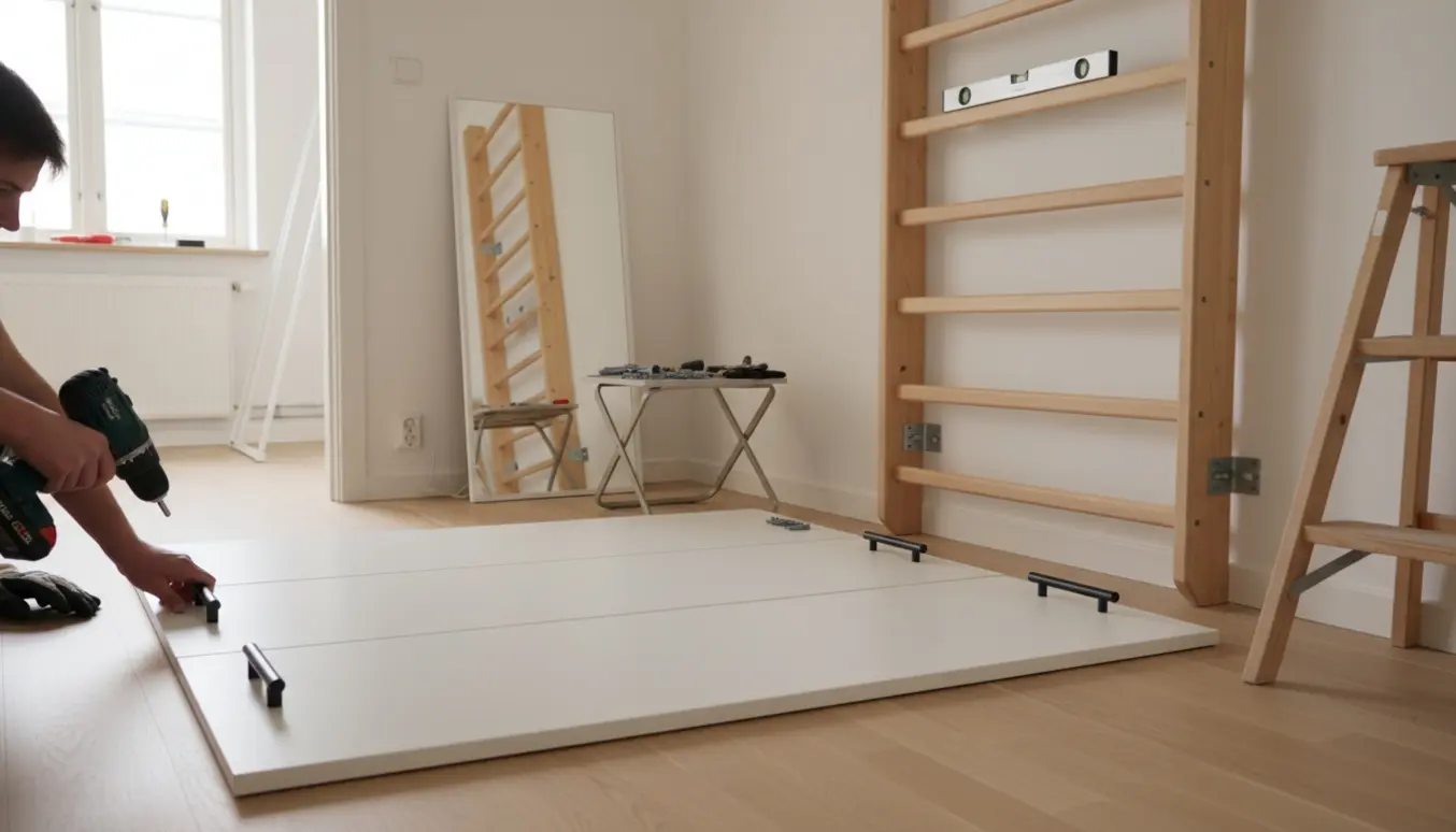 Hænder monterer en gymnastikribbe og sætter greb på garderobedøre i et lyst skandinavisk værelse.