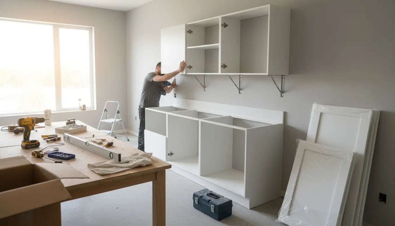 Hvide fladpakkede køkkenskabe bliver monteret i et lyst køkken med værktøj og hænder i fokus.