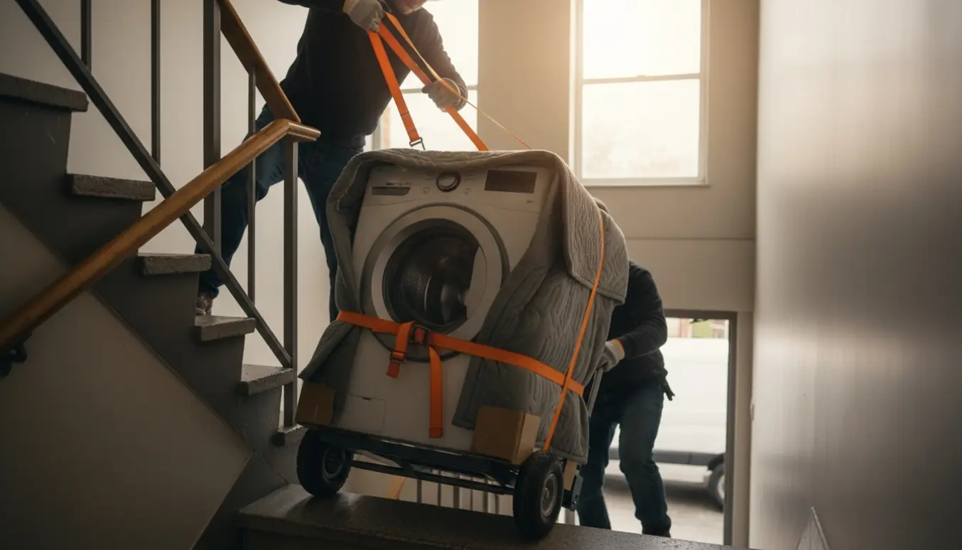 To personer flytter en tung vaskemaskine ned ad en smal opgang fra anden sal med flyttetrolley og stropper.