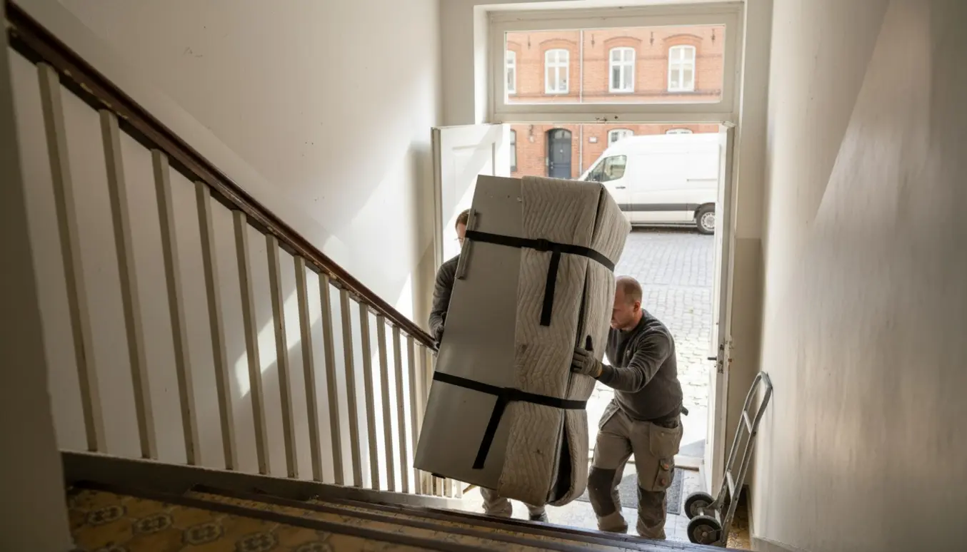 To flyttemænd bærer et køleskab ned ad en trappe mod en åben dør med en ubrandet varevogn udenfor.