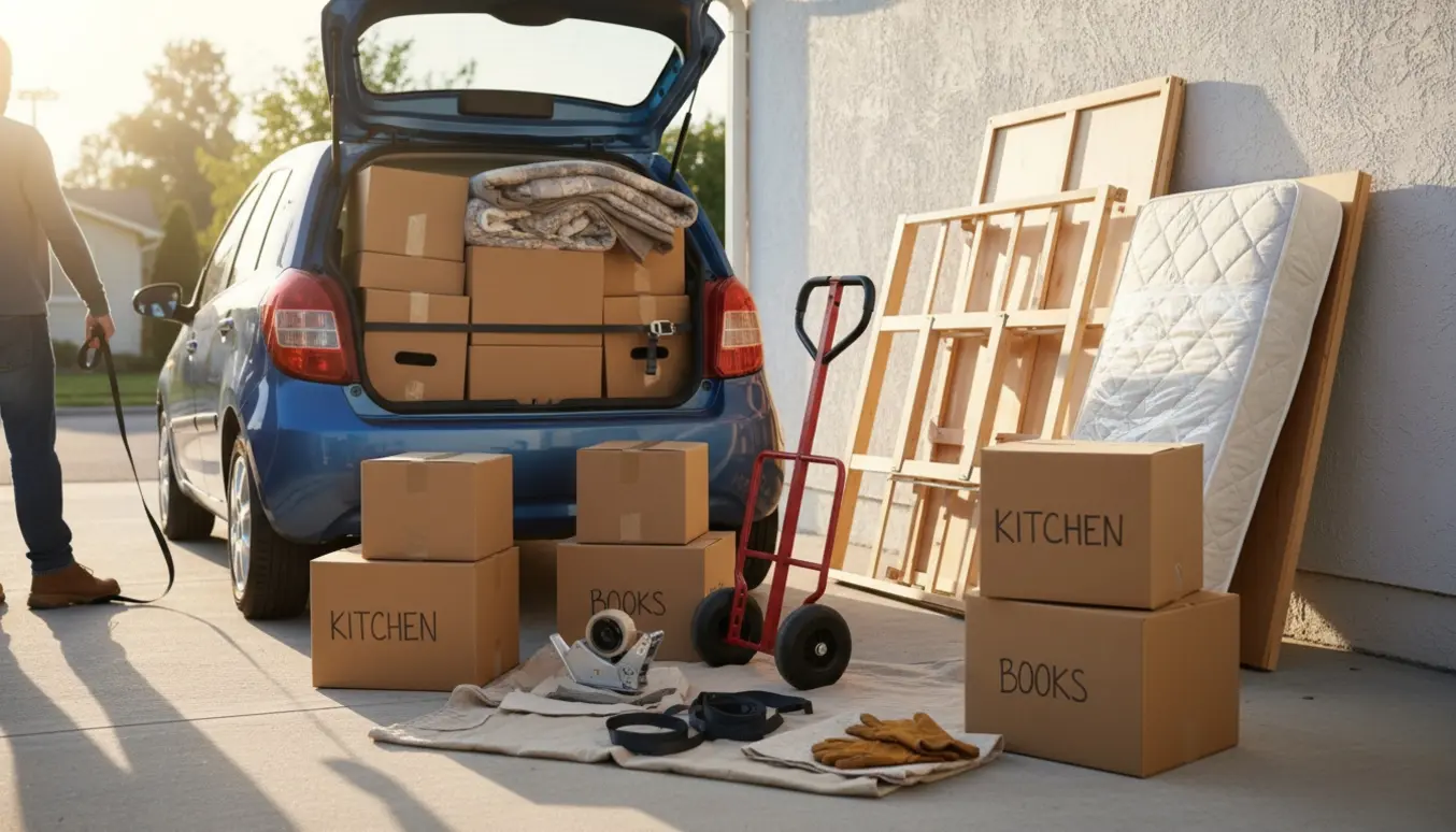 Åben bil og møbler klar til flytning på indkørsel med seng, kasser og et klædeskab.