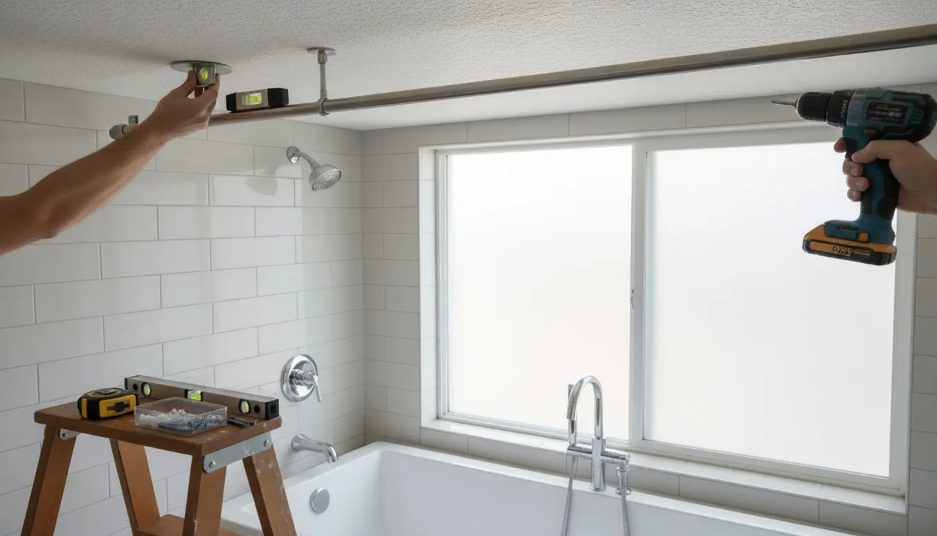 Hænder monterer en loftsmonteret bruseforhængsstang i et moderne badeværelse med værktøj ved siden af.