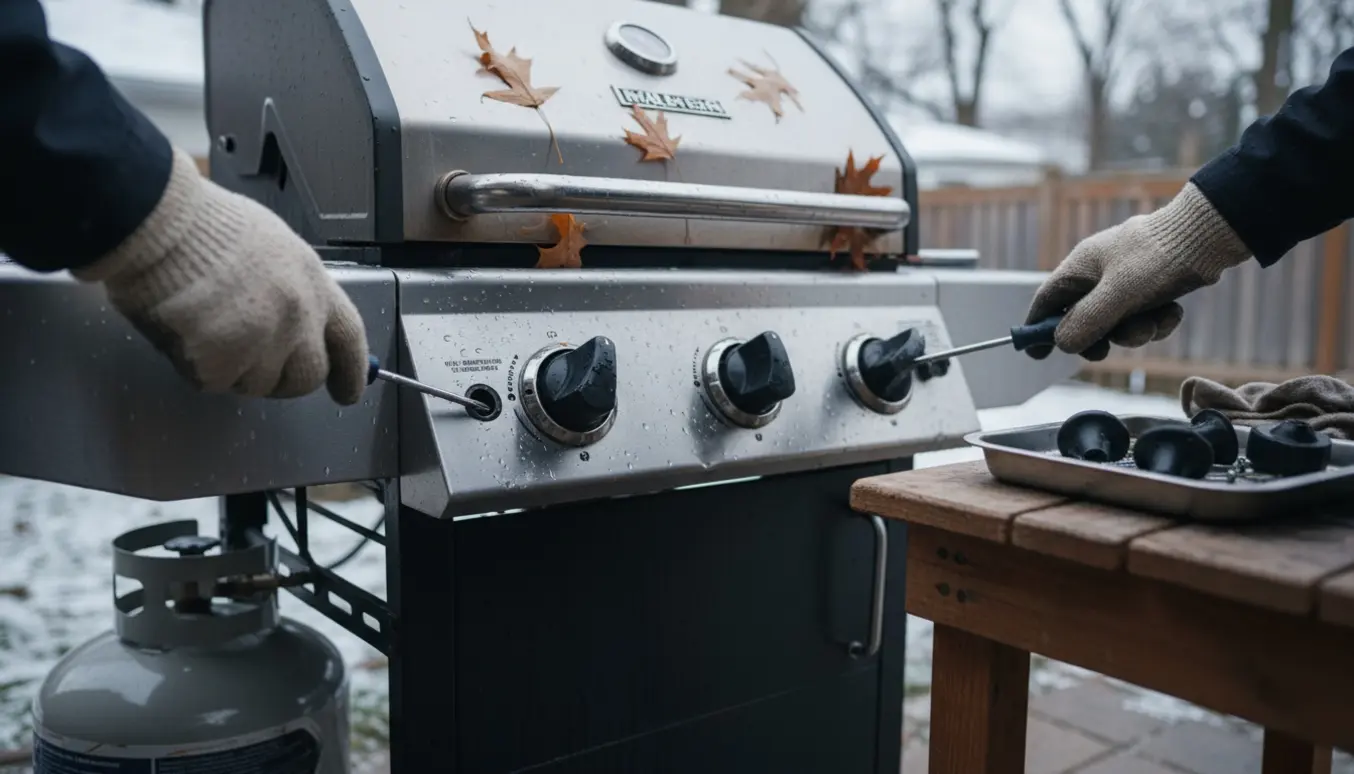Nærbillede af en gasgrillkontrol med tre forskudte tændknapper, hvor handskerede hænder reparerer panelet efter en storm.
