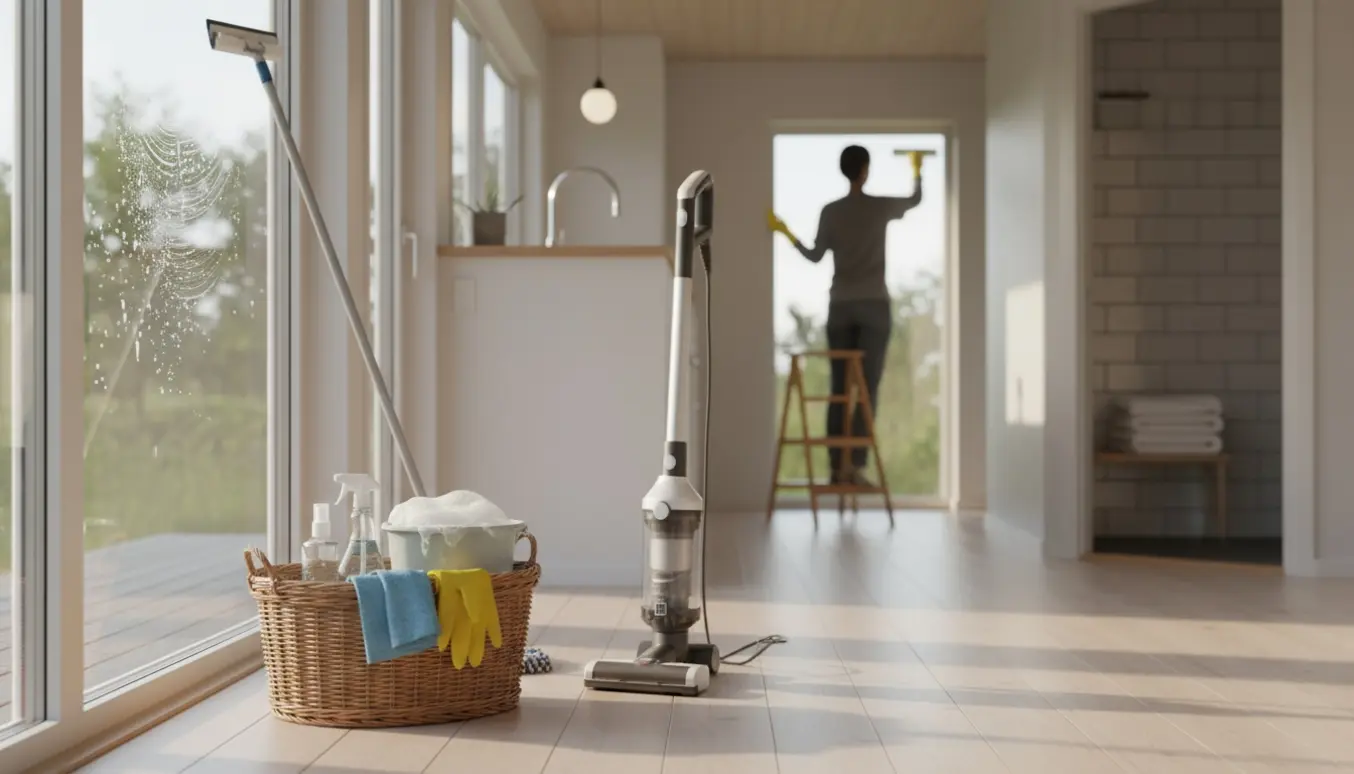 Rengøringsudstyr i et lyst sommerhus med nypudsede ruder og rene køkken- og badeværelsesflader.