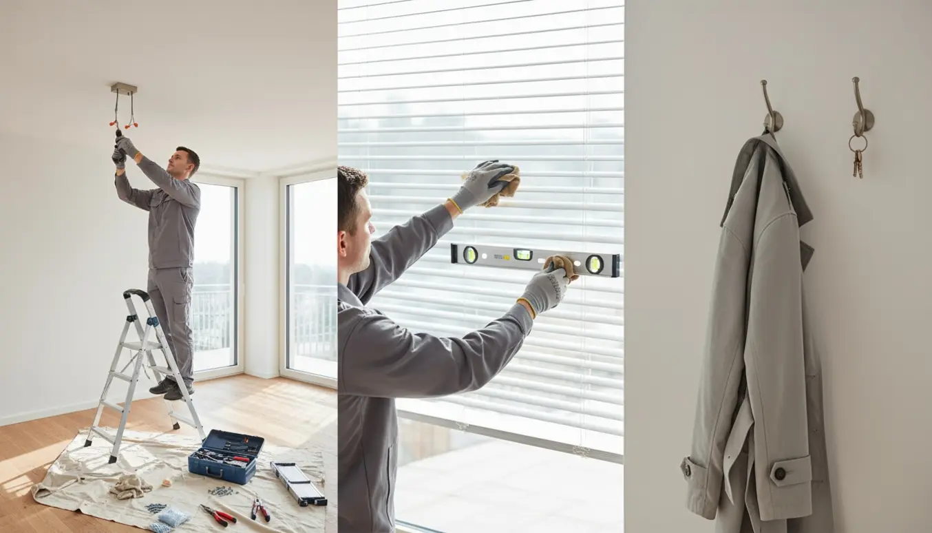 Håndværker monterer loftlampe, justerer persienner og sætter en krog op i et lyst hjem.