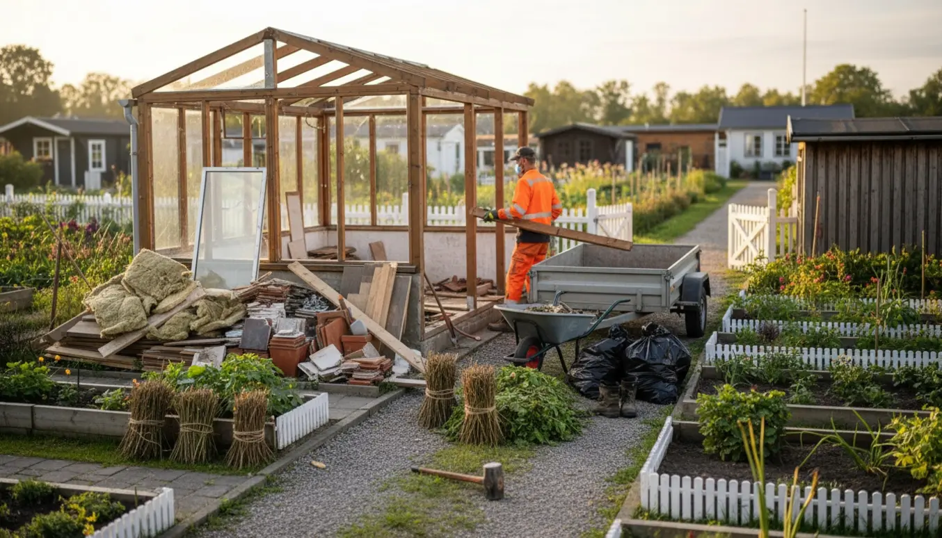 Delvist nedrevet udestue i kolonihave med byggemateriale og tre bundter haveaffald klar ved en trailer.