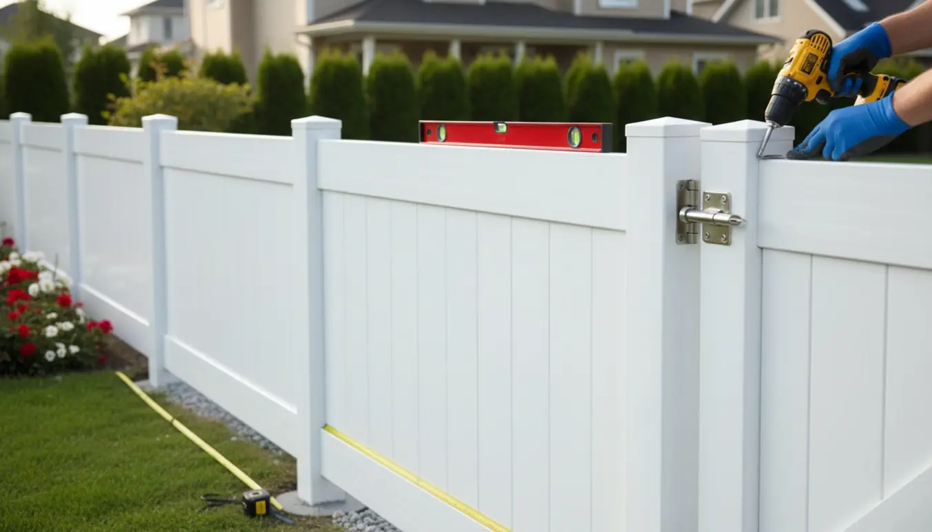 Hvidt 80 cm højt PVC-stakit på 6 meter med en låge i den ene ende i en velholdt have.