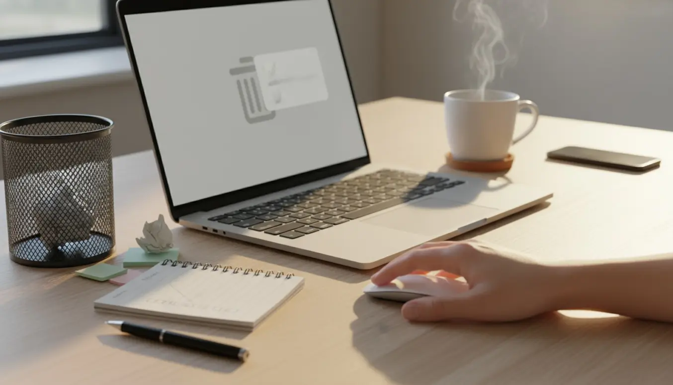 Hænder ved en bærbar computer på et skrivebord med krøllede sedler og en åben papirkurv, der antyder en slettet opgave.