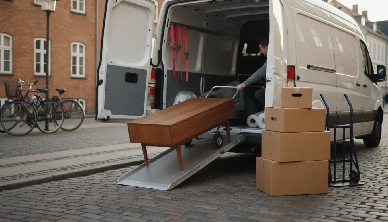 Åben varevogn hvor et sofabord og fire flyttekasser bliver læsset på en københavnsk gade.